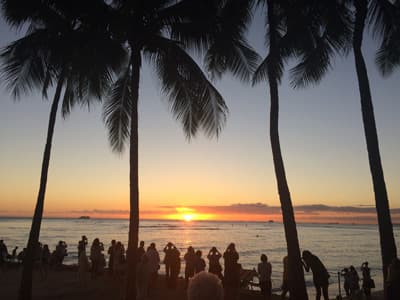 Ein Sonnenuntergang am Strand vor Palmen mit vielen Zuschauern