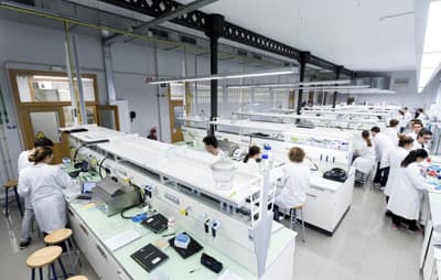 Studenten arbeiten an verschiedenen Stationen eines Labors.