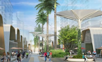 Entwurf einer Fußgängerzone für den singapurer Stadtteil Bedok Beach. Zwischen Gebäuden mit wellenförmigem Dach befindet sich eine offene Zone mit Palmen, Cafés und künstlichen Bäumen, die in ihrem blütenförmigen Trichter Wasser auffangen können.