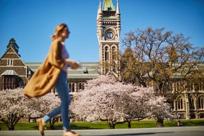 Studentin läuft über den blütenbesäten Campus der University of Otago.