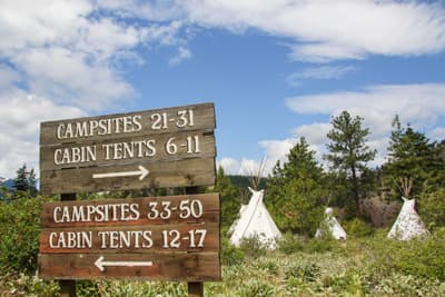 Tipi-Zelte vor einem Wald und ein Wegweiser, der die Richtung zu bestimmten Lagerplätzen des Campingplatzes weist.
