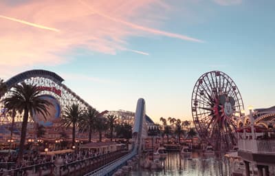 Achterbahn, Mickeymaus Riesenrad und Palmen im Disneyland Kalifornien