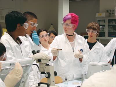 Studenten mit Schutzbrillen arbeiten im Labor.