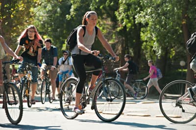 Studierende der UC Davis fahren mit dem Fahrrad über den Campus